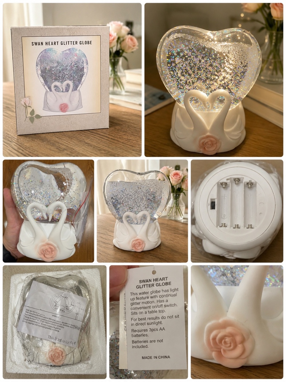 Swan Heart Glitter Globe - White with Iridescent Glitter